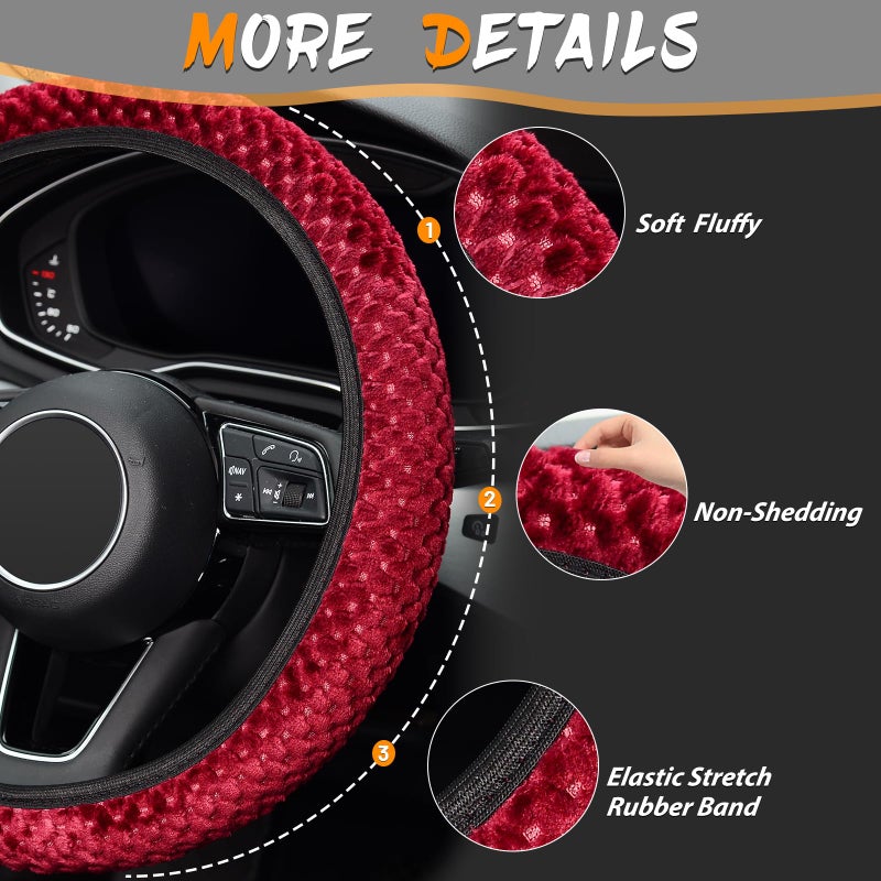KAFEEK Elastic Short Microfiber Plush Steering Wheel Cover for Winter Warm, Universal 15 inch, Anti-Slip, Odorless, Wine Red - Image 5